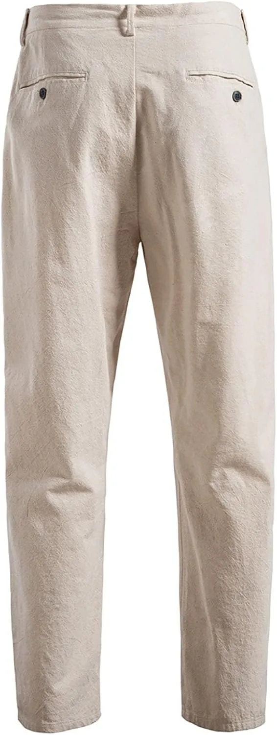 Mens Linen Pants Casual Vacation Drawstring Waist Pant Lightweight Beach Slacks Outdoor Summer Trouser with Pockets
