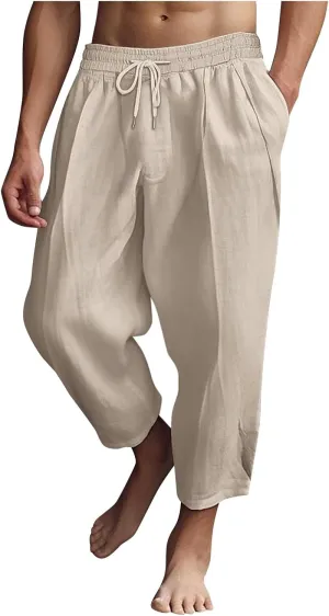 Mens Linen Pants Lightweight Loose and Light Running Workout Gym Track Pants Multi-Pocket Summer Beach Yoga Trousers