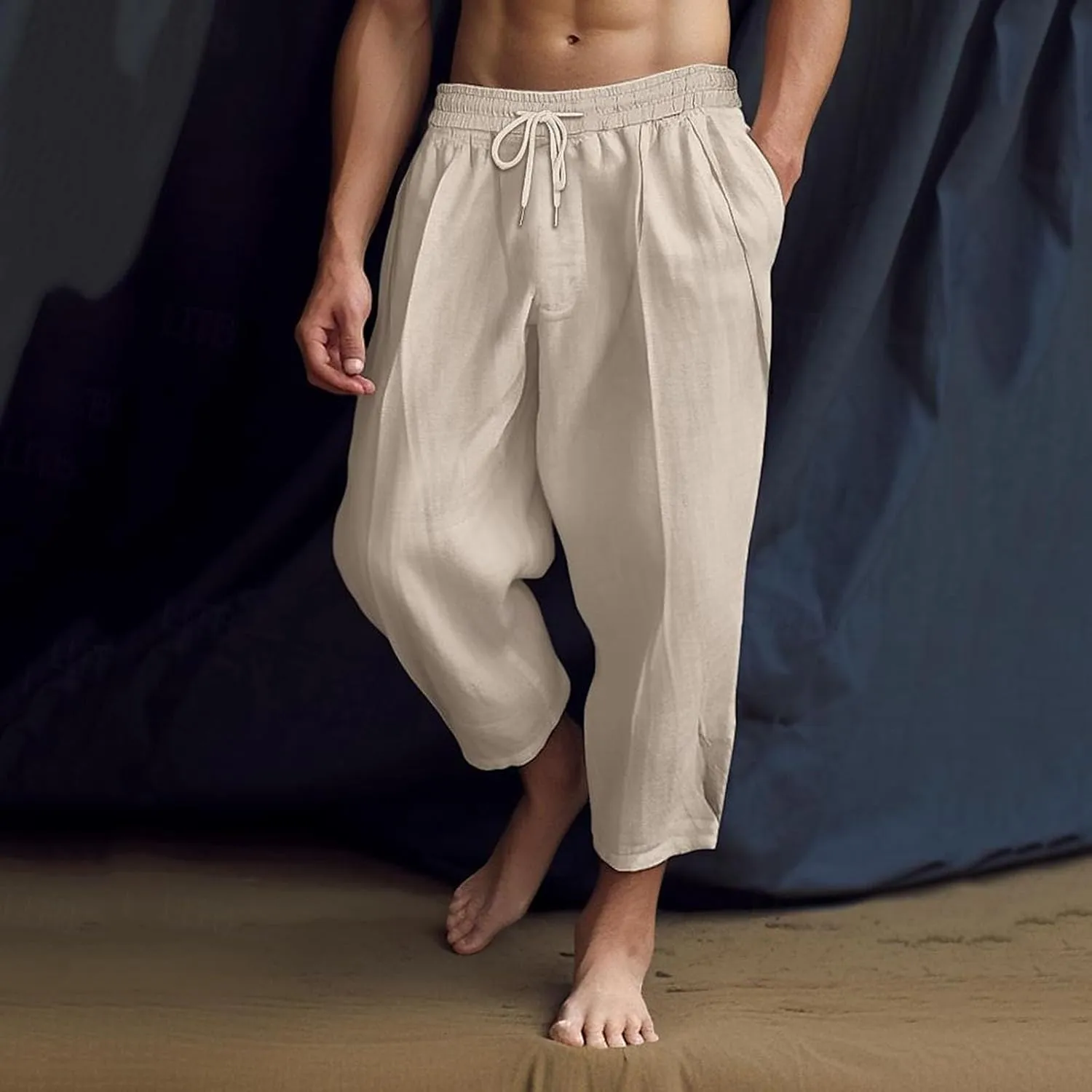 Mens Linen Pants Lightweight Loose and Light Running Workout Gym Track Pants Multi-Pocket Summer Beach Yoga Trousers