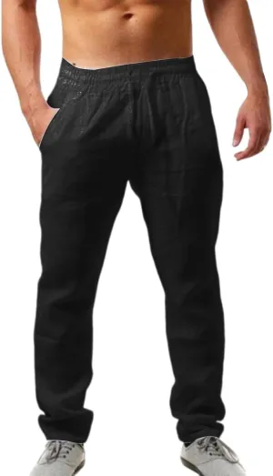 Men's Linen Pants Plain Casual Pant Summer Outdoor Vacation Beach Plus Size Trousers Lightweight Open Bottom Slacks