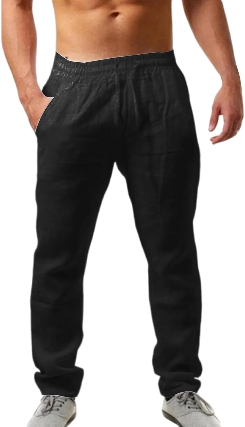 Men's Linen Pants Plain Casual Pant Summer Outdoor Vacation Beach Plus Size Trousers Lightweight Open Bottom Slacks