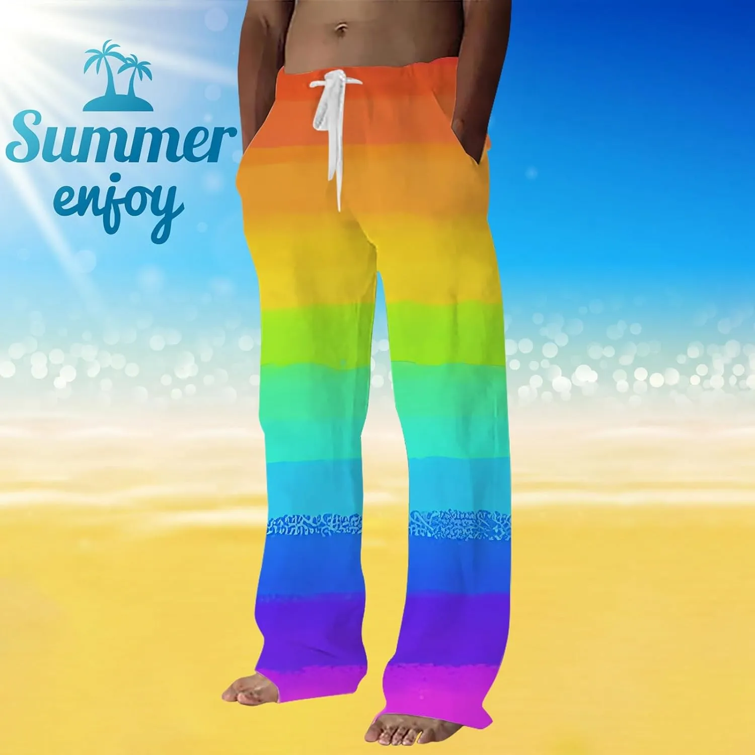 Mens Linen Pants Summer Casual Beach Yoga Pants Elastic Wasist Drawstring Lightweight Loose Trousers with Pockets
