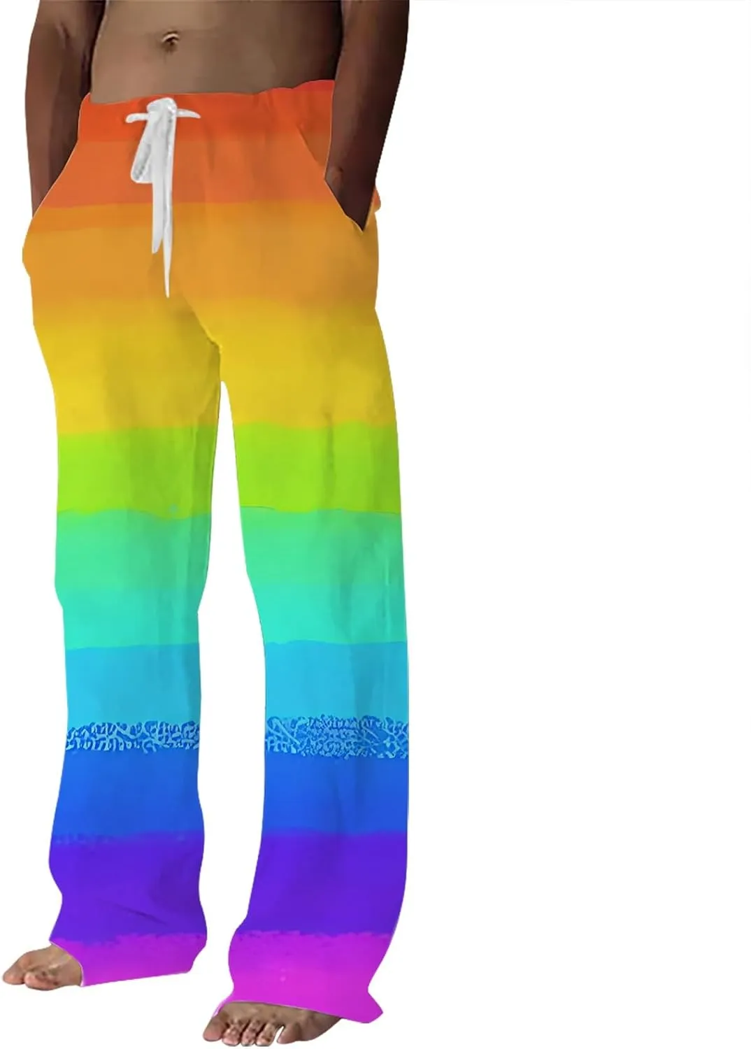 Mens Linen Pants Summer Casual Beach Yoga Pants Elastic Wasist Drawstring Lightweight Loose Trousers with Pockets