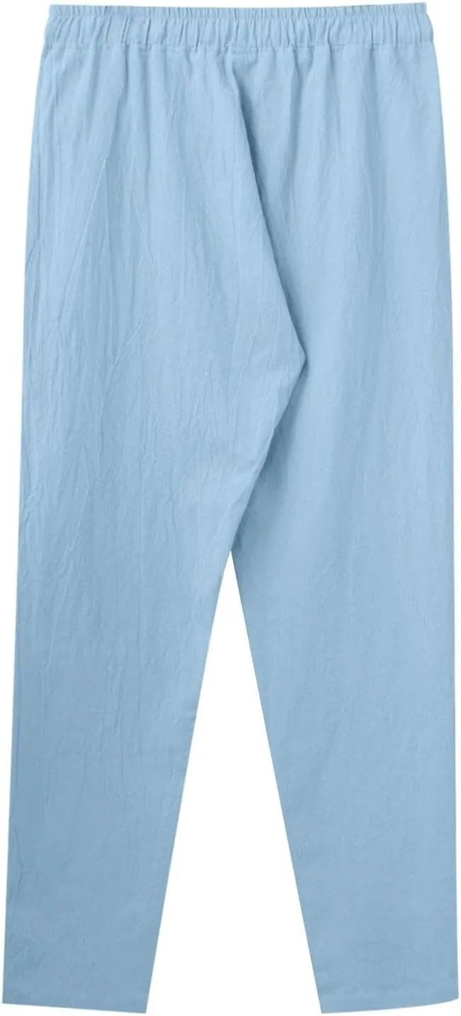 Mens Linen Yoga Lightweight Joggers Pants, Loose Casual Summer Elastic Waist Drawstring Baggy Trousers with Pocket
