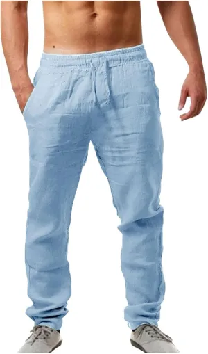 Mens Linen Yoga Lightweight Joggers Pants, Loose Casual Summer Elastic Waist Drawstring Baggy Trousers with Pocket