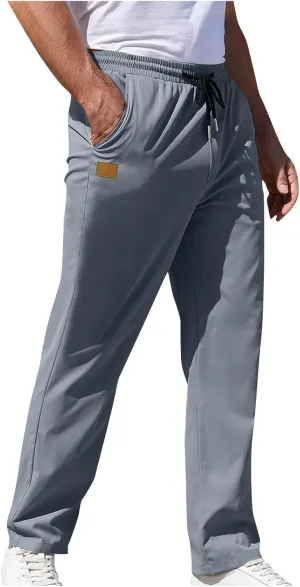 Mens Pants Cargo Elastic Waist Drawstring Straight Pants with Pocket Casual Outdoor Jogger Running Sport Trousers