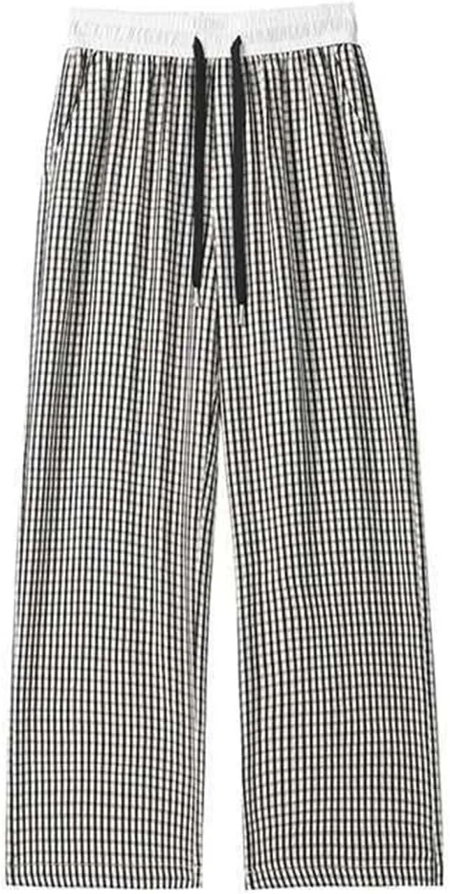 Mens Plaid Pants Trendy Plus Size Pants Casual Drawstring Waist Trousers Open Bottom Loose Fit Slacks for Summer