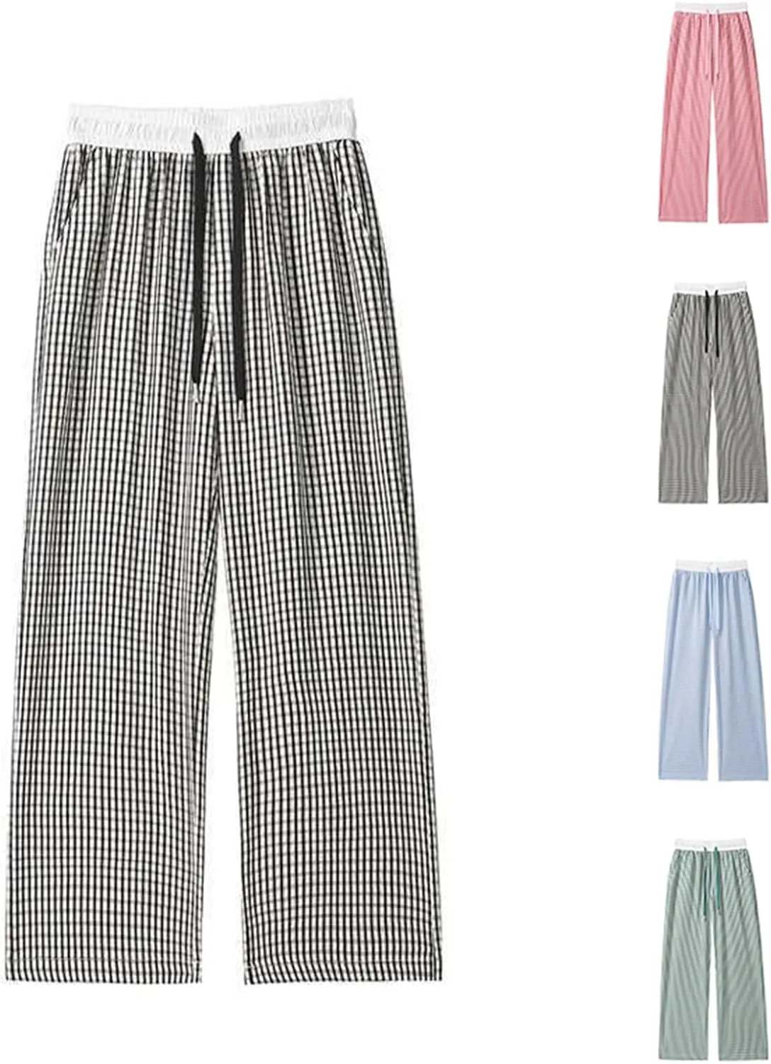 Mens Plaid Pants Trendy Plus Size Pants Casual Drawstring Waist Trousers Open Bottom Loose Fit Slacks for Summer