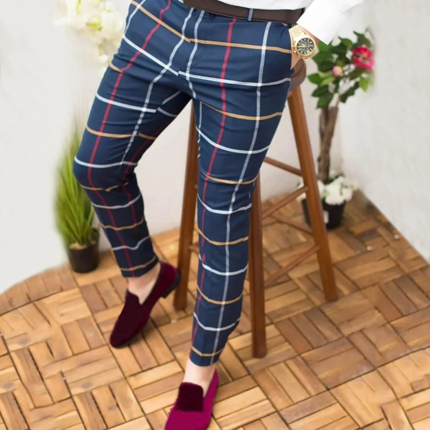 Mens Plaid Suit Pants Chino Flat-Front Stretch Formal Dress Pants 2024 Trendy Casual Business Office Work Commute Pants