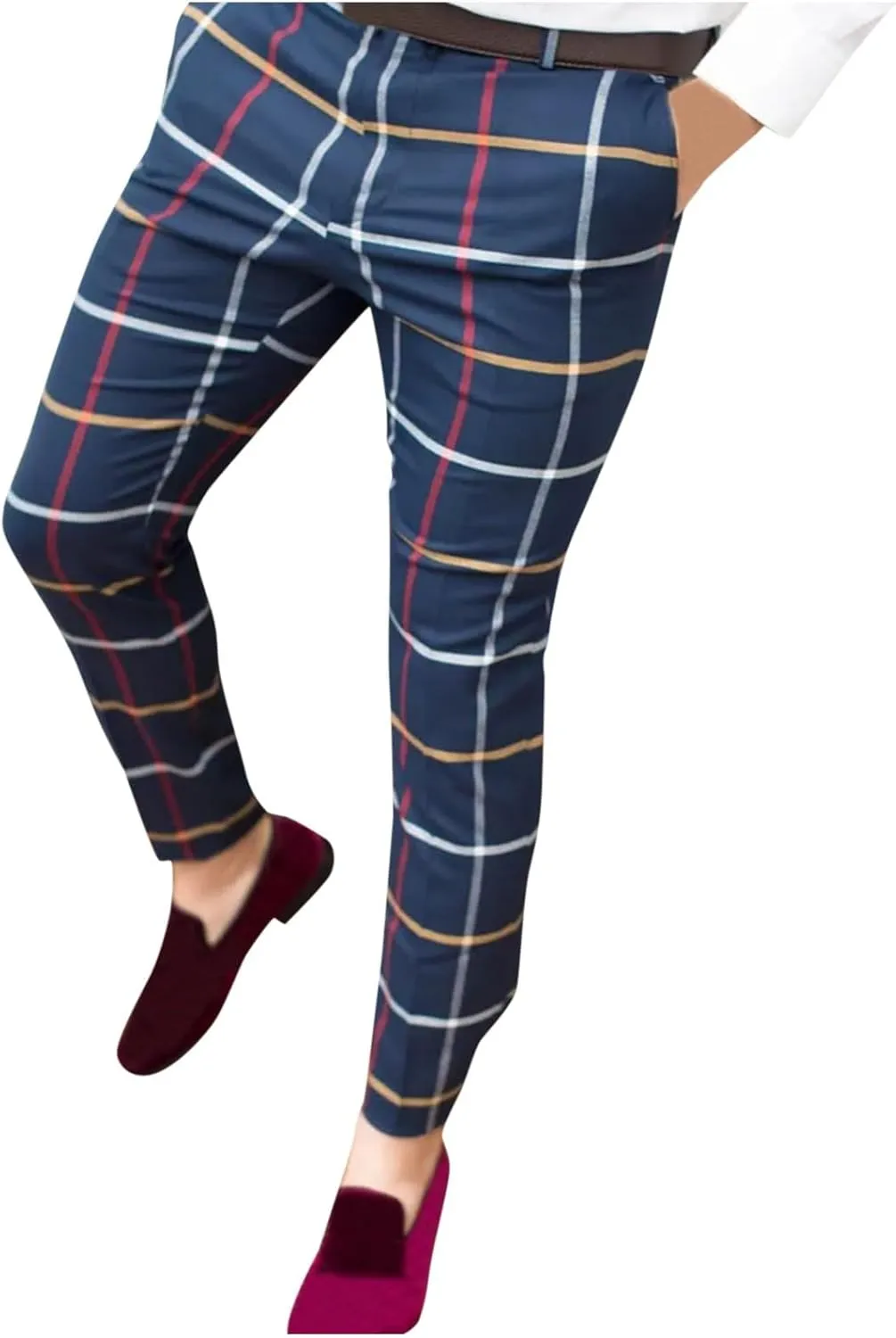 Mens Plaid Suit Pants Chino Flat-Front Stretch Formal Dress Pants 2024 Trendy Casual Business Office Work Commute Pants