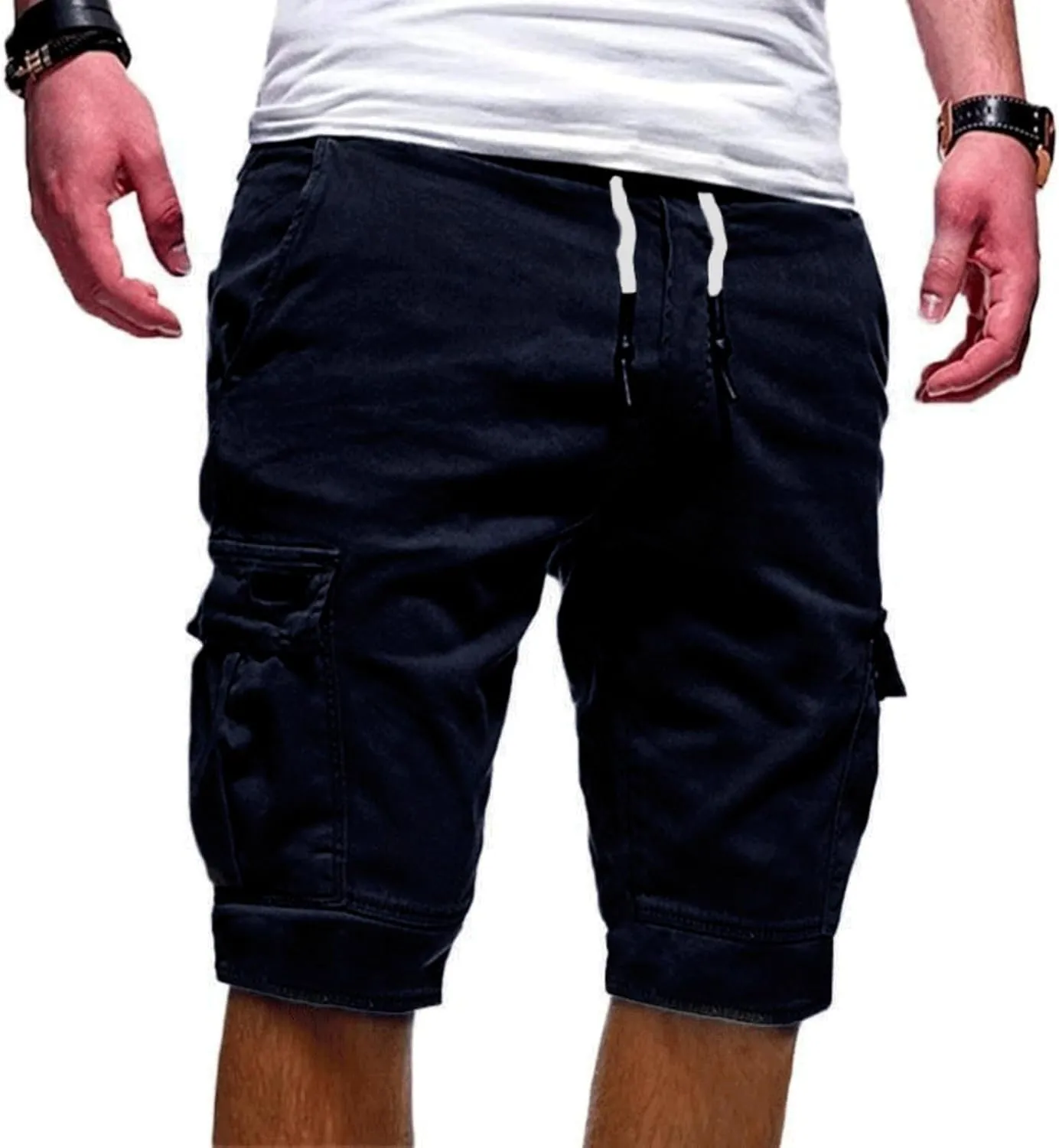 Mens Slim Fit Short Shorts Drawstring Elastic Waist Cargo Style Multi -Pocketed for Outdoor Summer Work