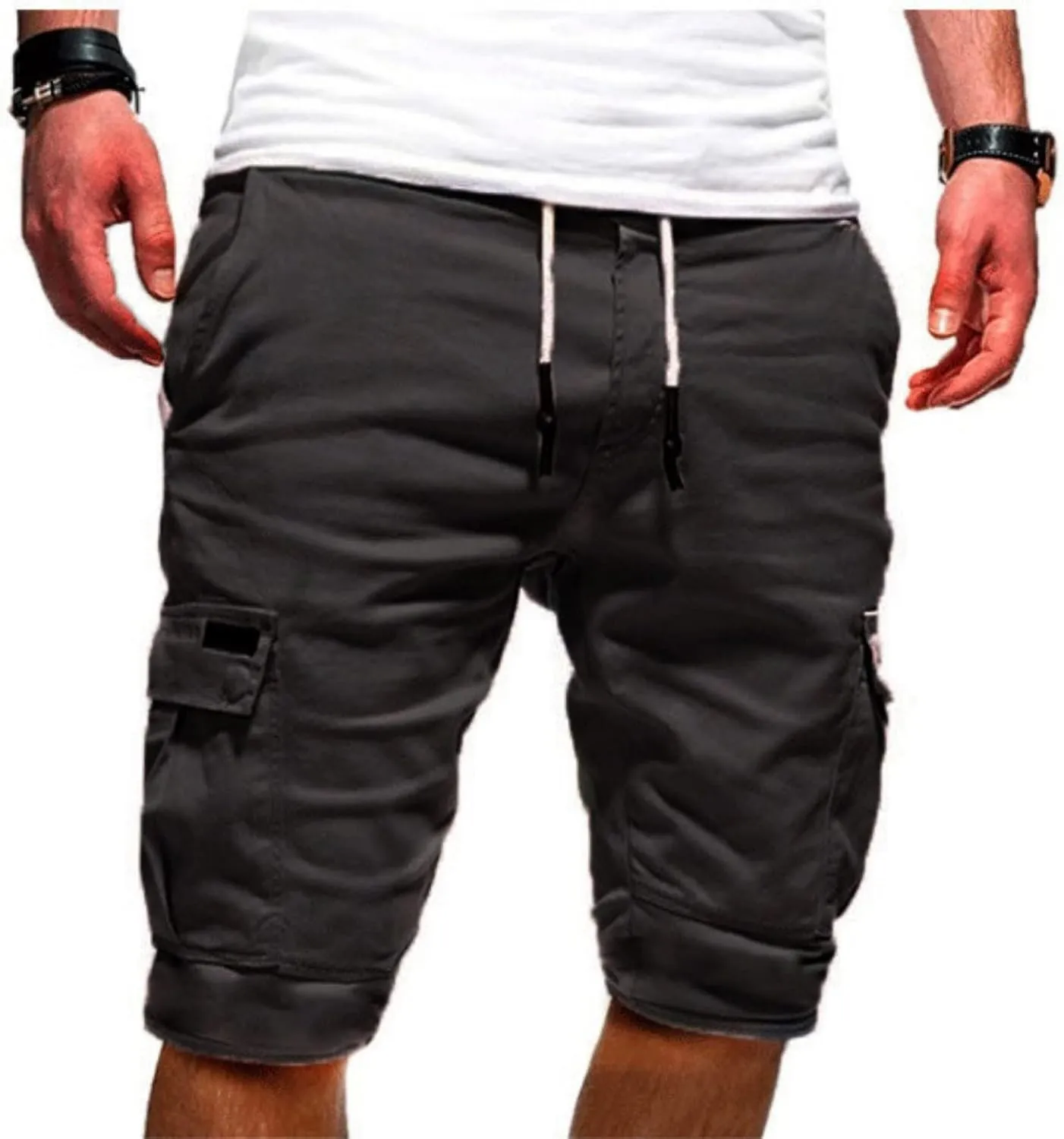 Mens Slim Fit Short Shorts Drawstring Elastic Waist Cargo Style Multi -Pocketed for Outdoor Summer Work