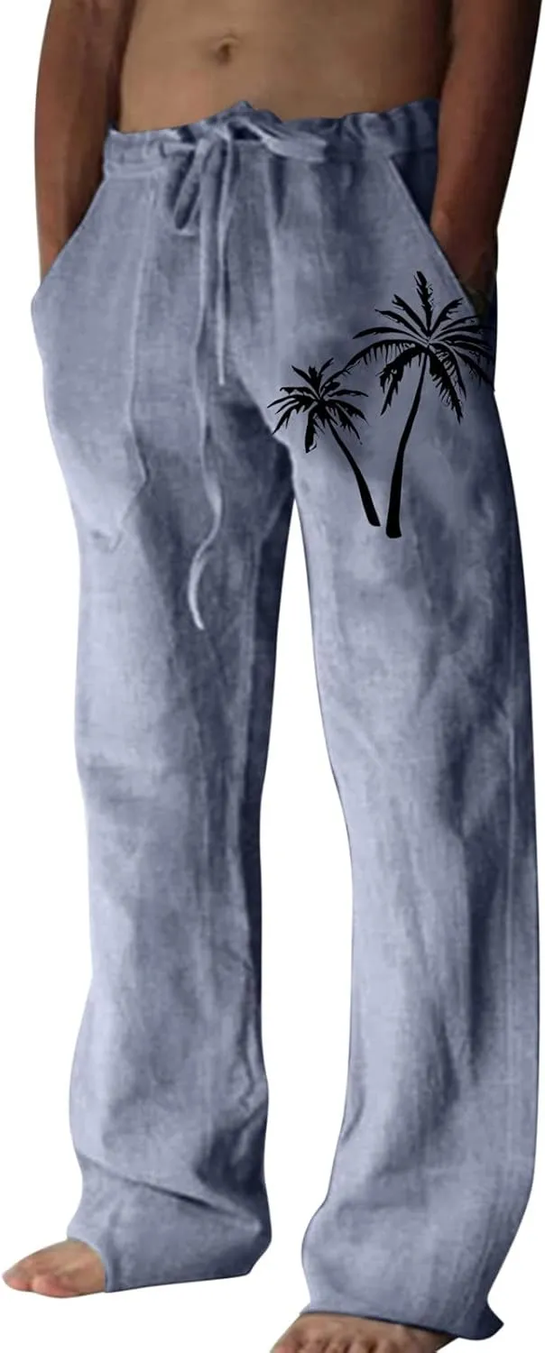 Mens Summer Cotton Linen Pants Coconut Tree Printed Straight Leg Hawaiian Pants Elastic Waist Vintage Yoga Trousers