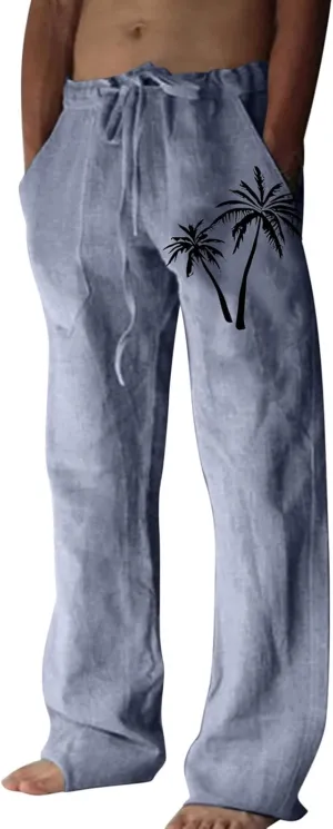 Mens Summer Cotton Linen Pants Coconut Tree Printed Straight Leg Hawaiian Pants Elastic Waist Vintage Yoga Trousers