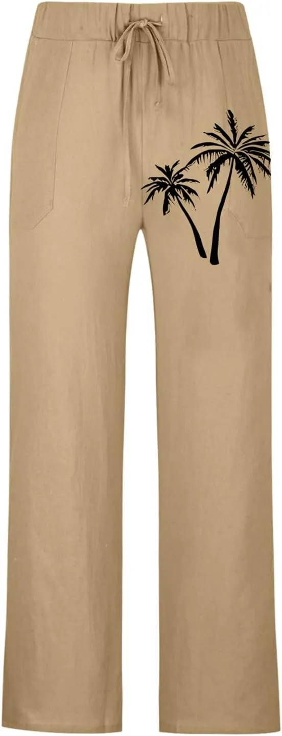 Mens Summer Cotton Linen Pants Coconut Tree Printed Straight Leg Hawaiian Pants Elastic Waist Vintage Yoga Trousers