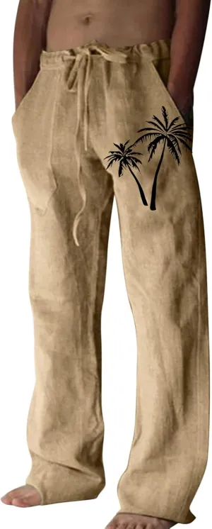 Mens Summer Cotton Linen Pants Coconut Tree Printed Straight Leg Hawaiian Pants Elastic Waist Vintage Yoga Trousers