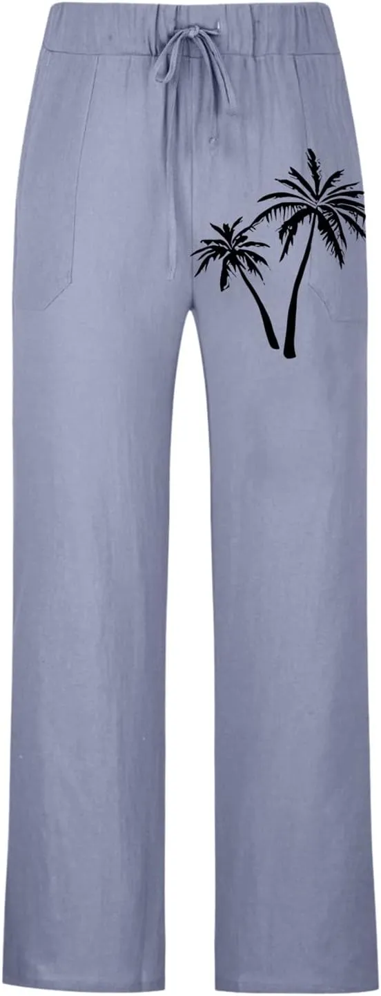 Mens Summer Cotton Linen Pants Coconut Tree Printed Straight Leg Hawaiian Pants Elastic Waist Vintage Yoga Trousers