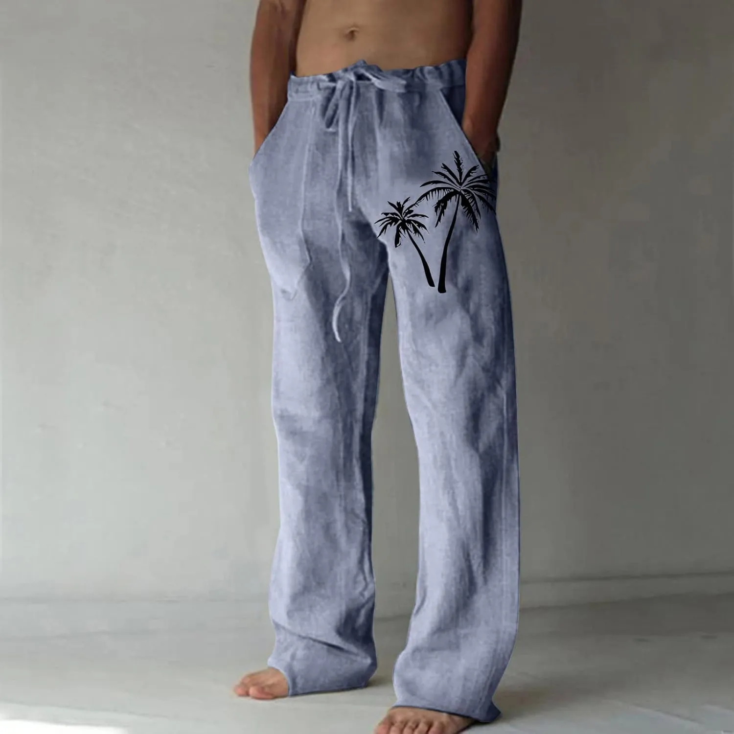 Mens Summer Cotton Linen Pants Coconut Tree Printed Straight Leg Hawaiian Pants Elastic Waist Vintage Yoga Trousers