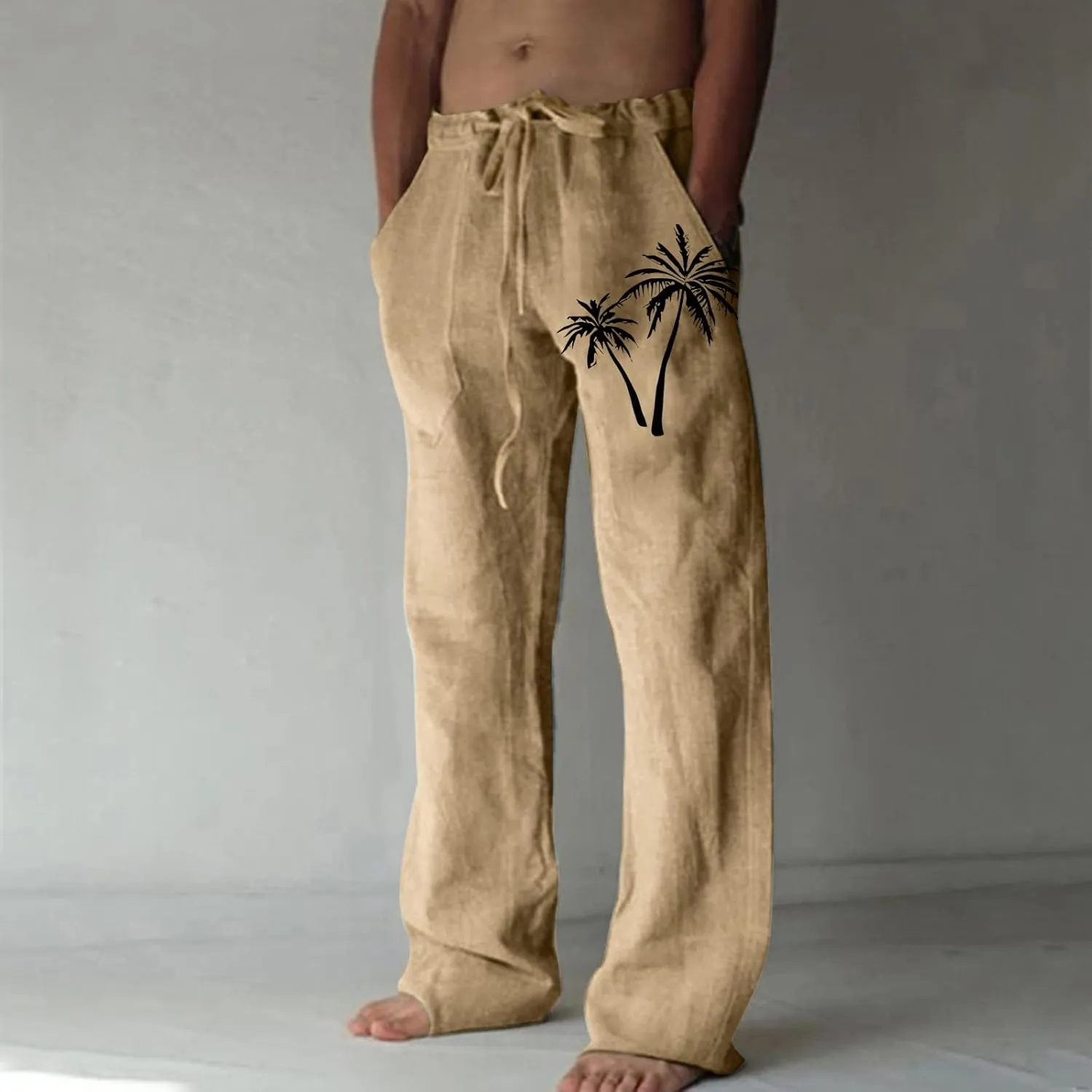 Mens Summer Cotton Linen Pants Coconut Tree Printed Straight Leg Hawaiian Pants Elastic Waist Vintage Yoga Trousers