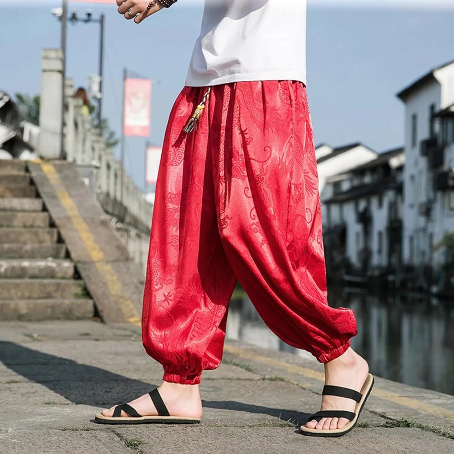 Mens Summer Ice Silk Harem Pants Men Loose Baggy Pants Retro Jogging Loose Pants Male
