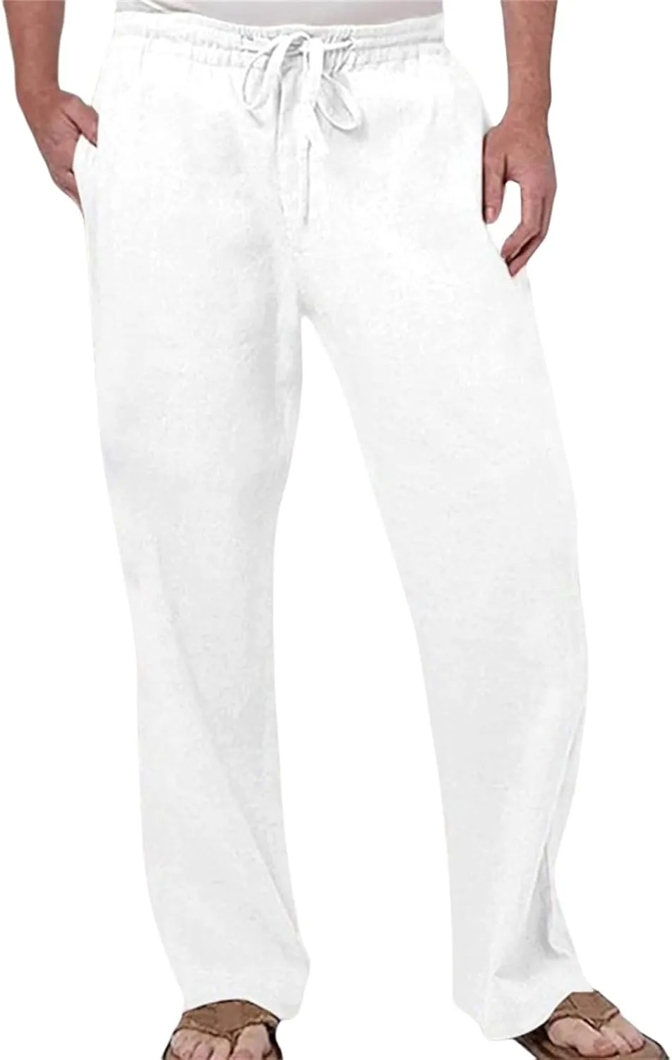 Men's Summer Linen Pants Baggy Straight Leg Trousers Plain Elastic Waist Trousers Casual Travel Pants with Pockets