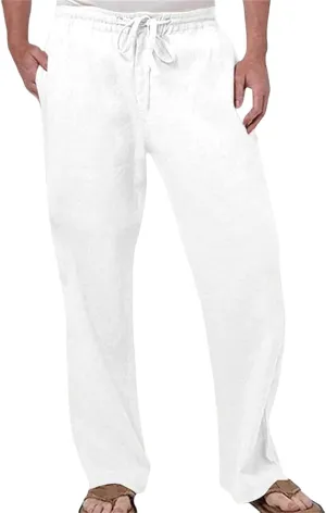 Men's Summer Linen Pants Baggy Straight Leg Trousers Plain Elastic Waist Trousers Casual Travel Pants with Pockets