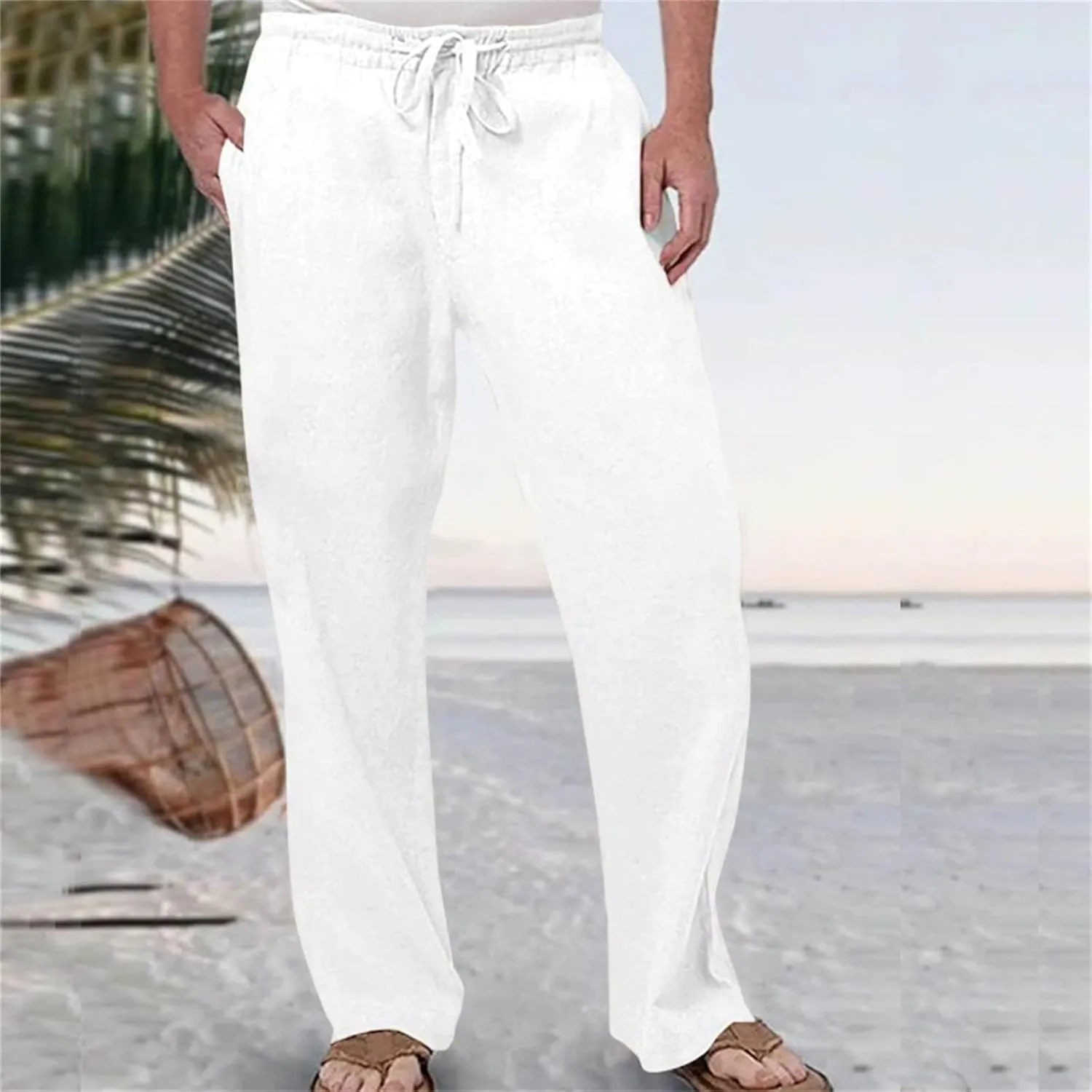 Men's Summer Linen Pants Baggy Straight Leg Trousers Plain Elastic Waist Trousers Casual Travel Pants with Pockets