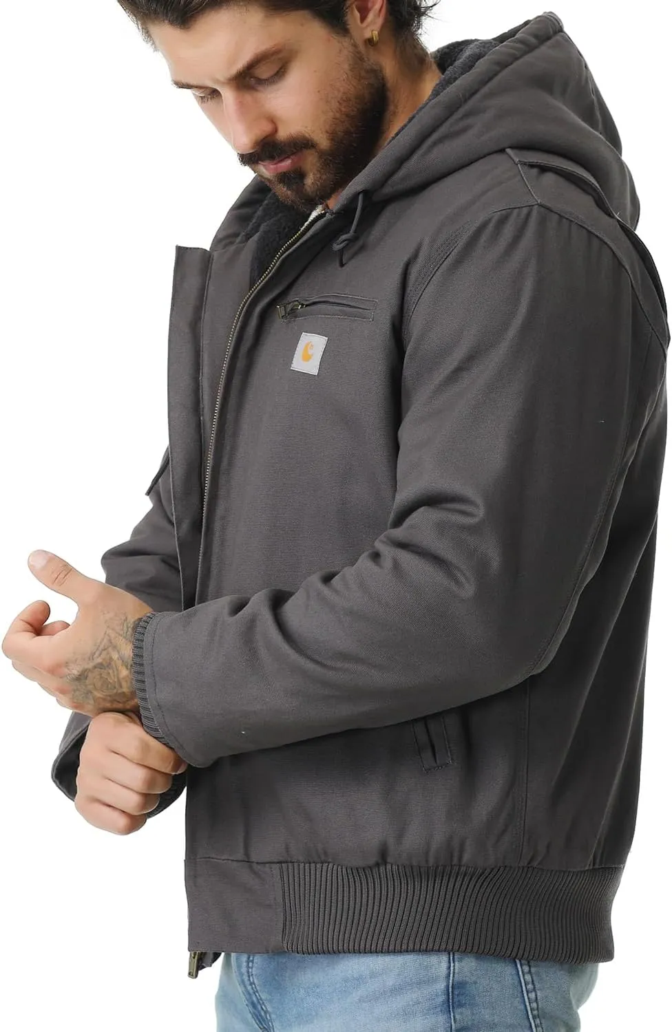 Men's Work Coat Washed Duck Fleece Lined Waterproof Workwear Fit Relaxed Winter Hooded Active Jacket