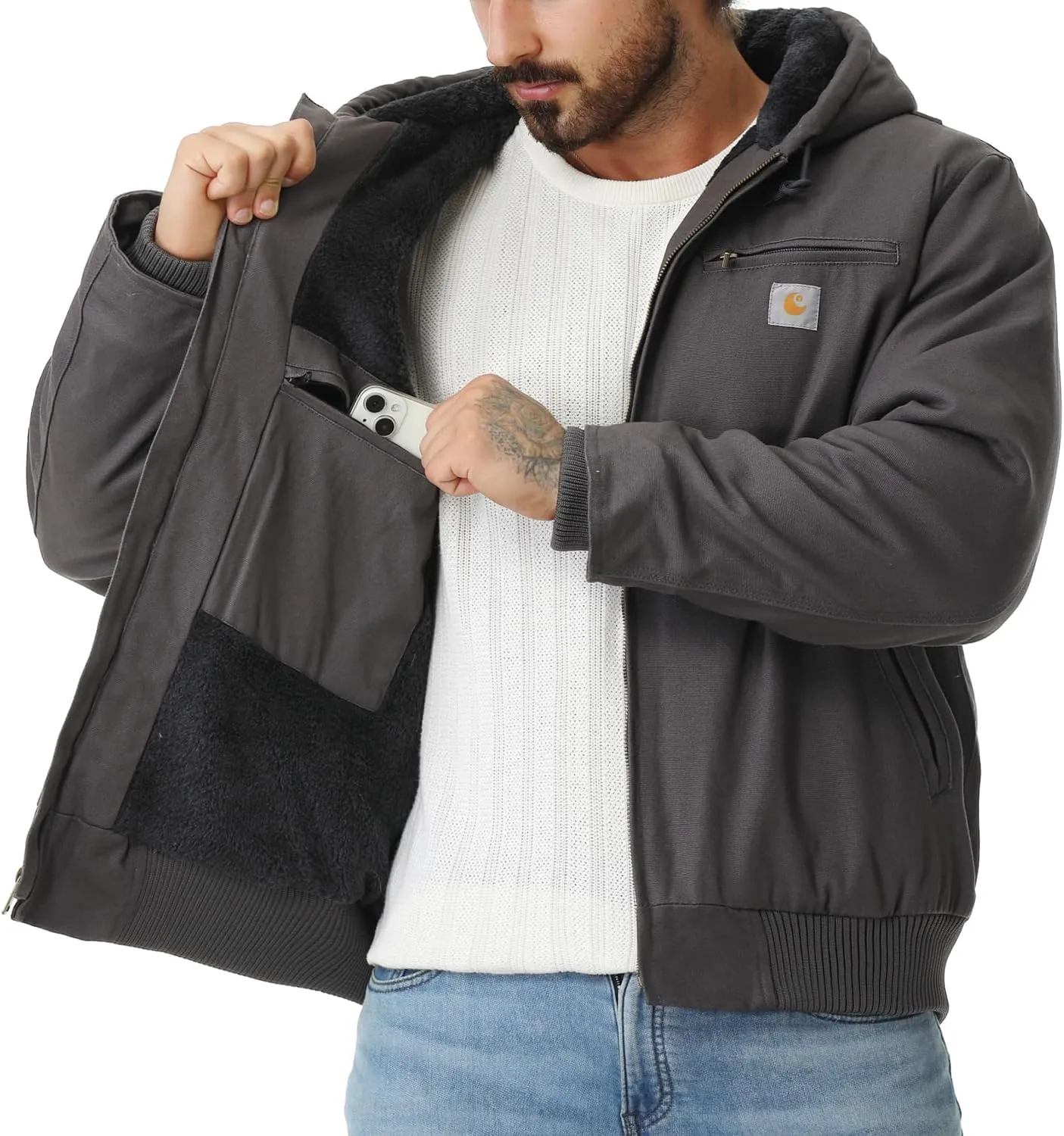 Men's Work Coat Washed Duck Fleece Lined Waterproof Workwear Fit Relaxed Winter Hooded Active Jacket