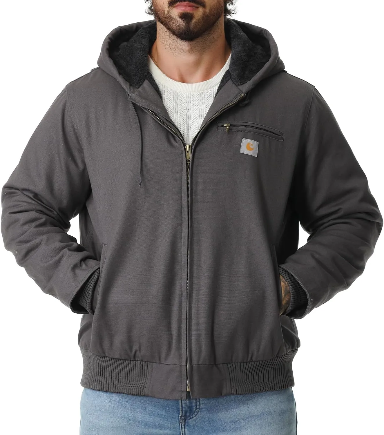 Men's Work Coat Washed Duck Fleece Lined Waterproof Workwear Fit Relaxed Winter Hooded Active Jacket