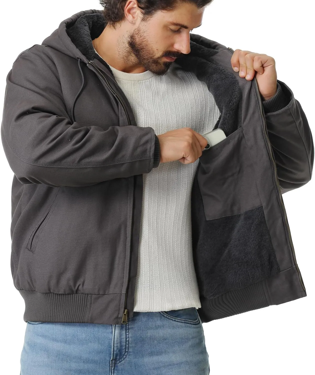 Men's Work Coat Washed Duck Fleece Lined Waterproof Workwear Fit Relaxed Winter Hooded Active Jacket