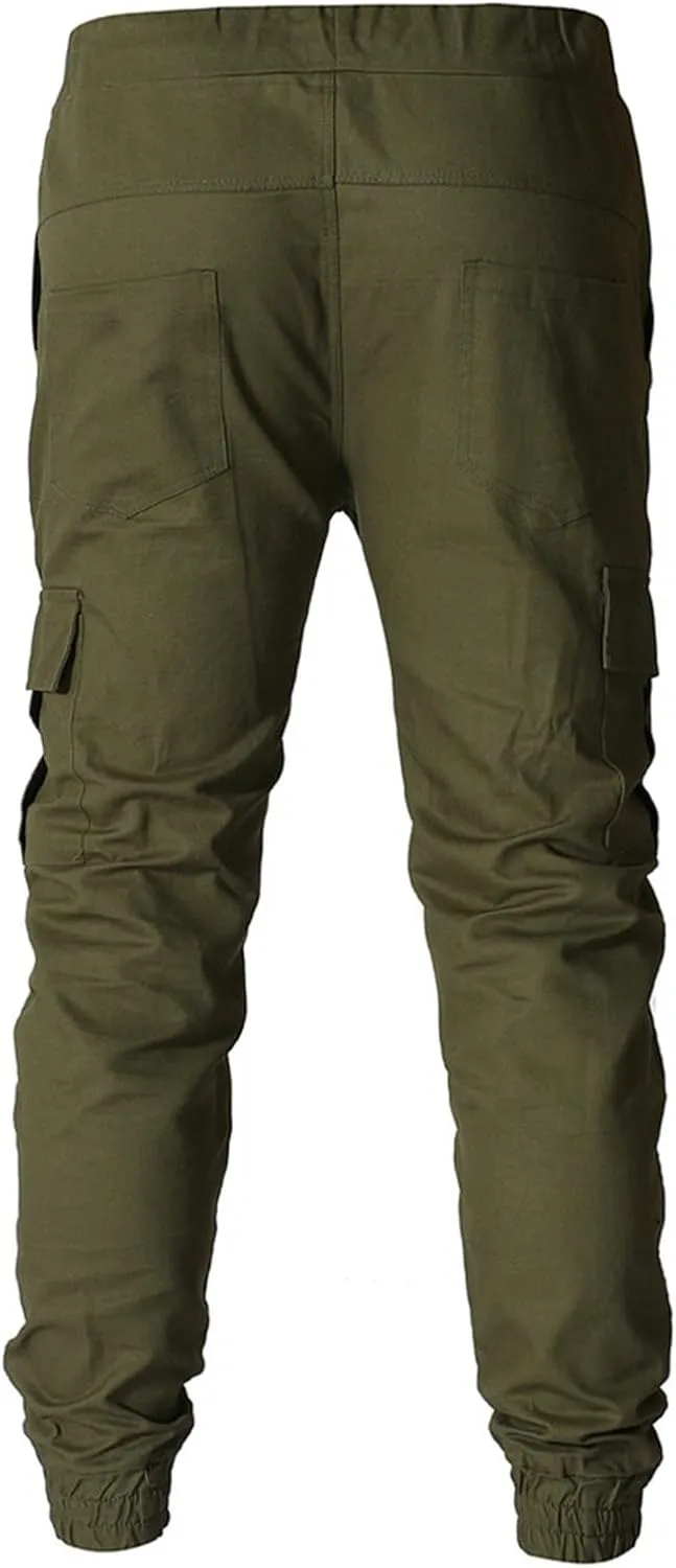 Men's Workout Cargo Pants Drawstring Elastic Waist Joggers Hiking Outdoor Athletic Sweatpants with Pockets Trousers
