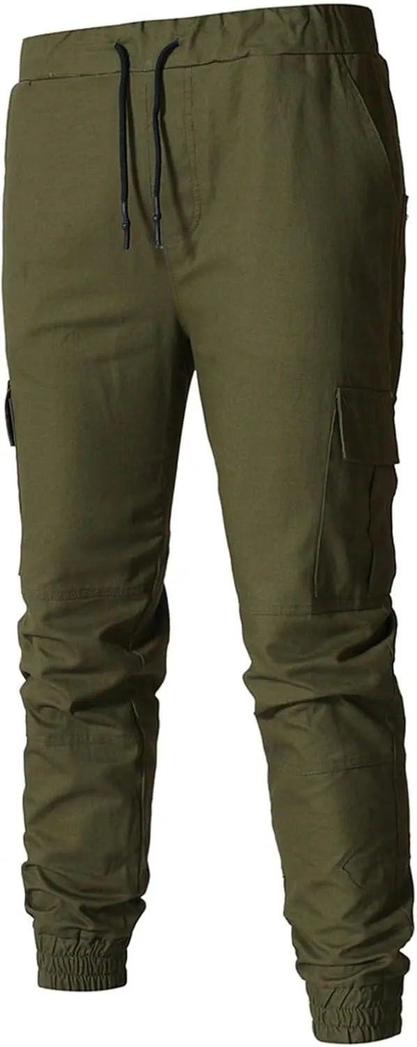 Men's Workout Cargo Pants Drawstring Elastic Waist Joggers Hiking Outdoor Athletic Sweatpants with Pockets Trousers