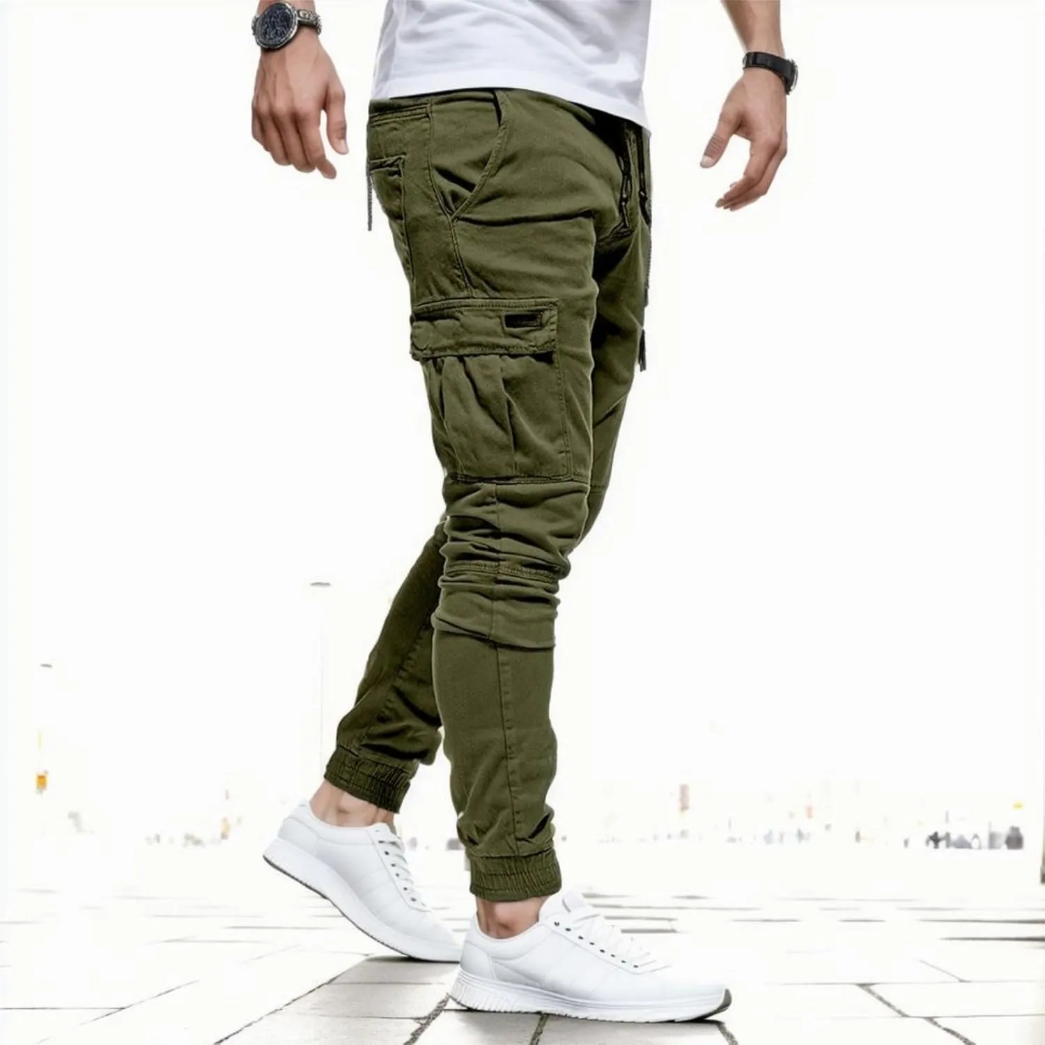 Men's Workout Cargo Pants Drawstring Elastic Waist Joggers Hiking Outdoor Athletic Sweatpants with Pockets Trousers