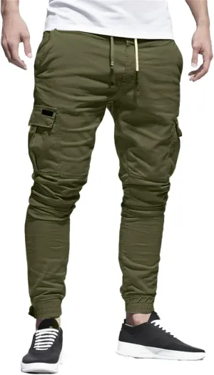 Men's Workout Cargo Pants Drawstring Elastic Waist Joggers Hiking Outdoor Athletic Sweatpants with Pockets Trousers