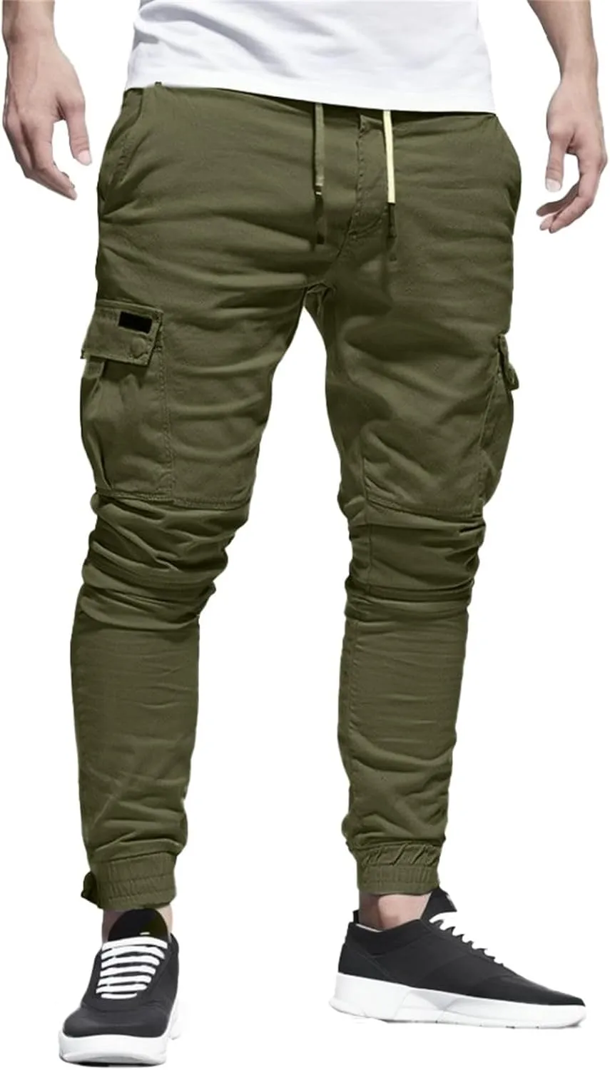 Men's Workout Cargo Pants Drawstring Elastic Waist Joggers Hiking Outdoor Athletic Sweatpants with Pockets Trousers