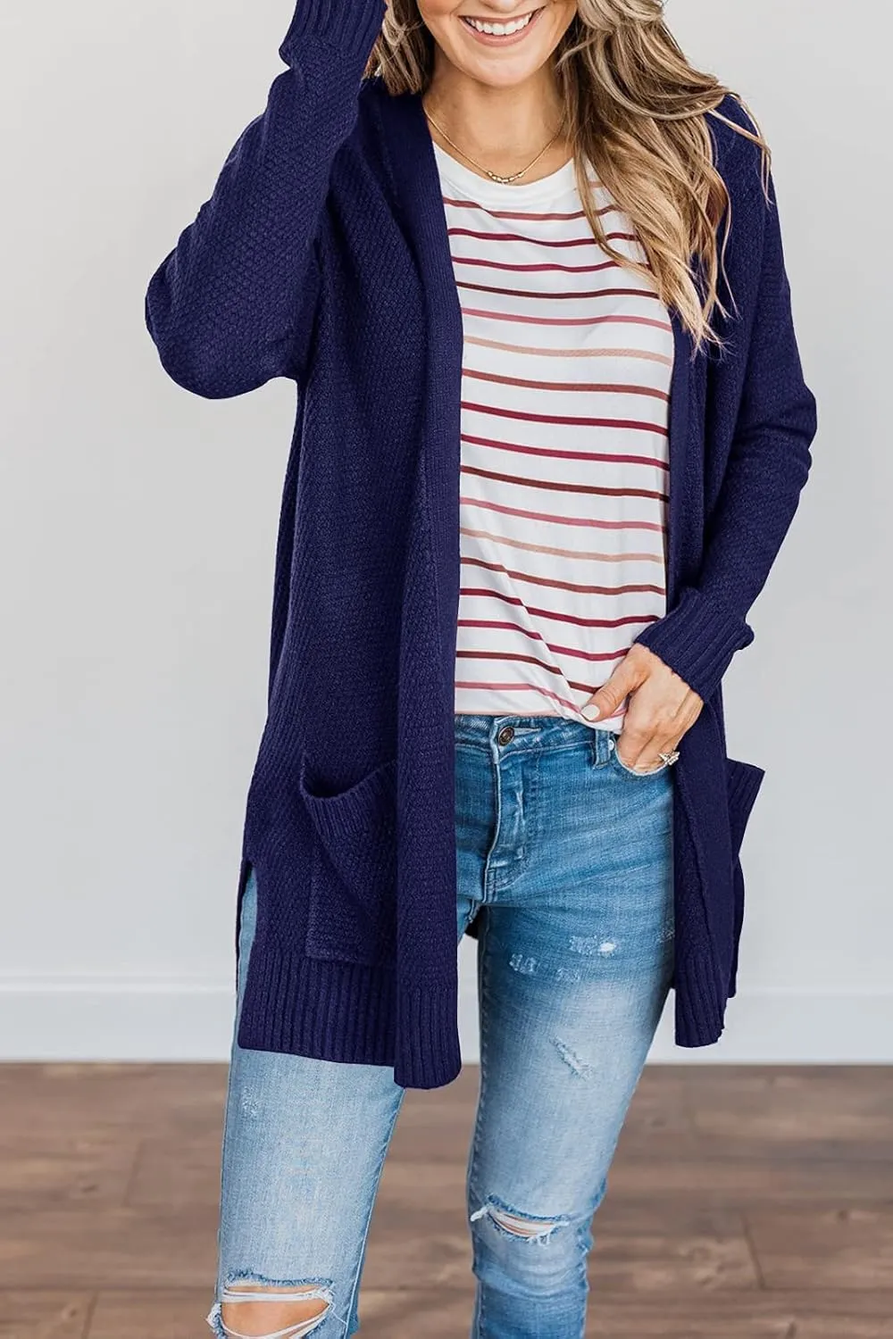 MEROKEETY Women's 2025 Long Sleeve Waffle Knit Cardigan Open Front Cozy Sweater Coat with Pockets