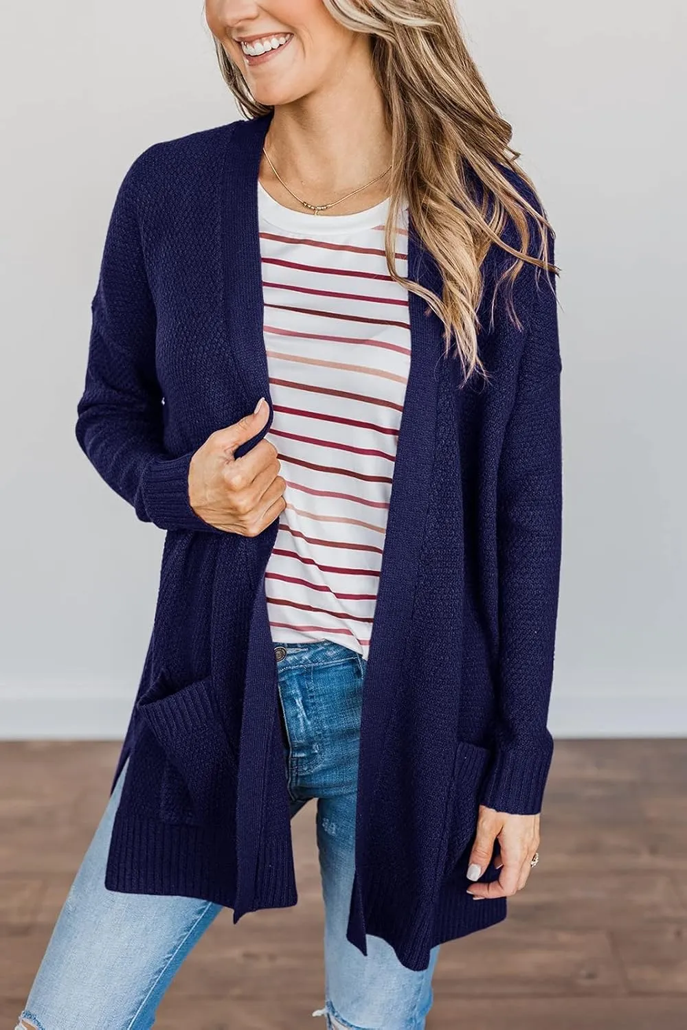 MEROKEETY Women's 2025 Long Sleeve Waffle Knit Cardigan Open Front Cozy Sweater Coat with Pockets