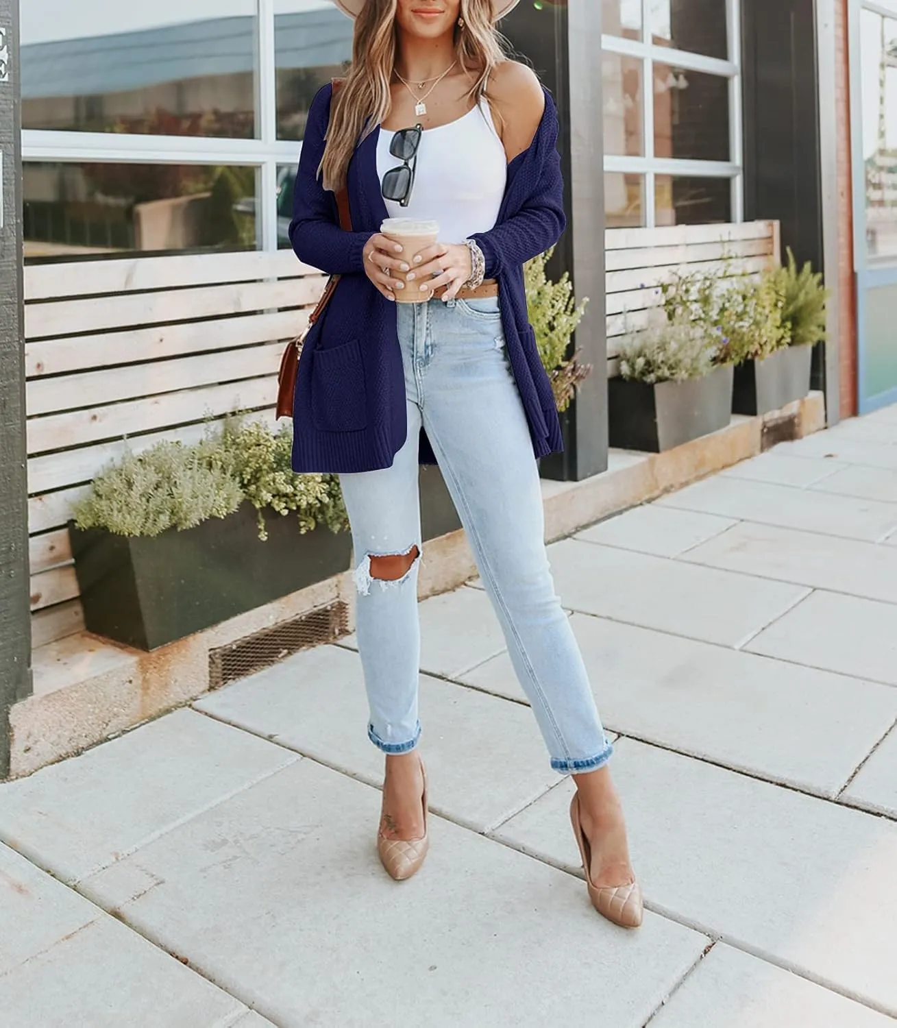 MEROKEETY Women's 2025 Long Sleeve Waffle Knit Cardigan Open Front Cozy Sweater Coat with Pockets