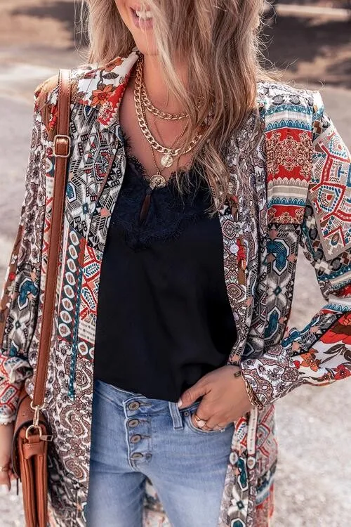 Mixed Feelings Boho Floral Patchwork Print Button Down Cardigan Duster