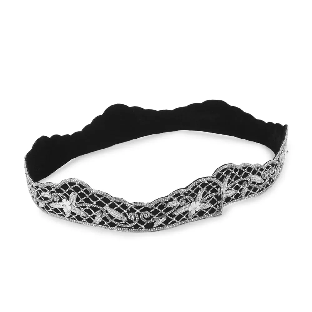 Modarta By Kamakshi Black Waist Belt With White Flowers, Swarovski Crystals & Decorative Stones