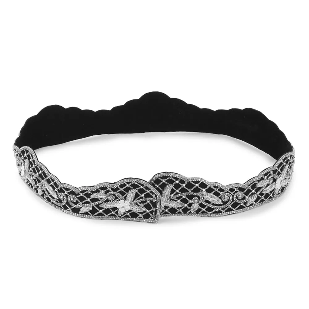 Modarta By Kamakshi Black Waist Belt With White Flowers, Swarovski Crystals & Decorative Stones
