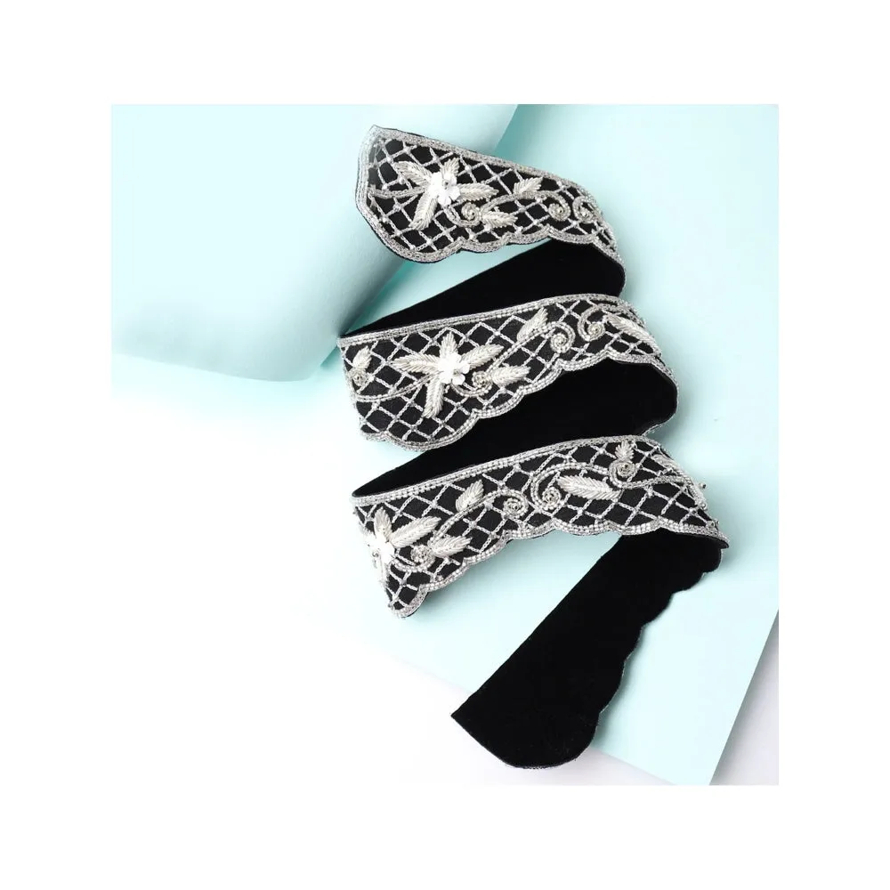 Modarta By Kamakshi Black Waist Belt With White Flowers, Swarovski Crystals & Decorative Stones