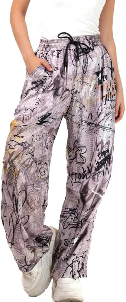 Molilove Womens Stretchy Wide Leg Pants Casual High Waist Drawstring Plazzo Pants Print Loose Streetwear Trousers with Pocket