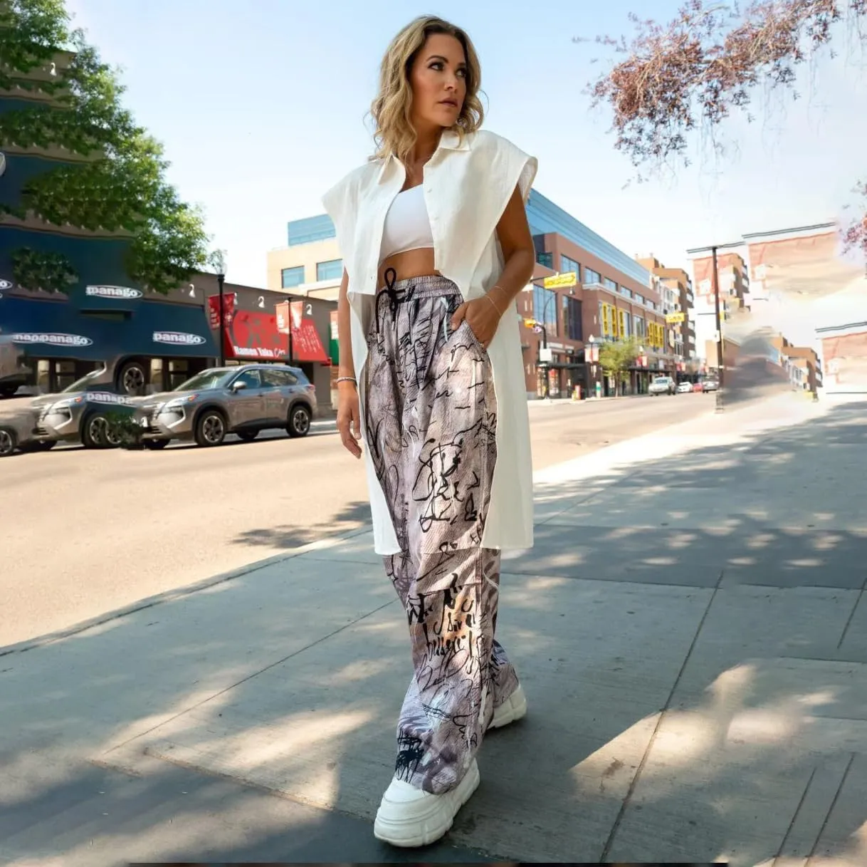 Molilove Womens Stretchy Wide Leg Pants Casual High Waist Drawstring Plazzo Pants Print Loose Streetwear Trousers with Pocket