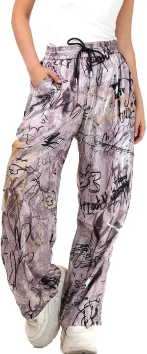 Molilove Womens Stretchy Wide Leg Pants Casual High Waist Drawstring Plazzo Pants Print Loose Streetwear Trousers with Pocket