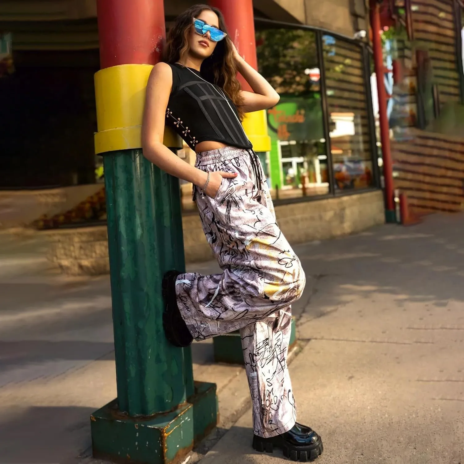 Molilove Womens Stretchy Wide Leg Pants Casual High Waist Drawstring Plazzo Pants Print Loose Streetwear Trousers with Pocket