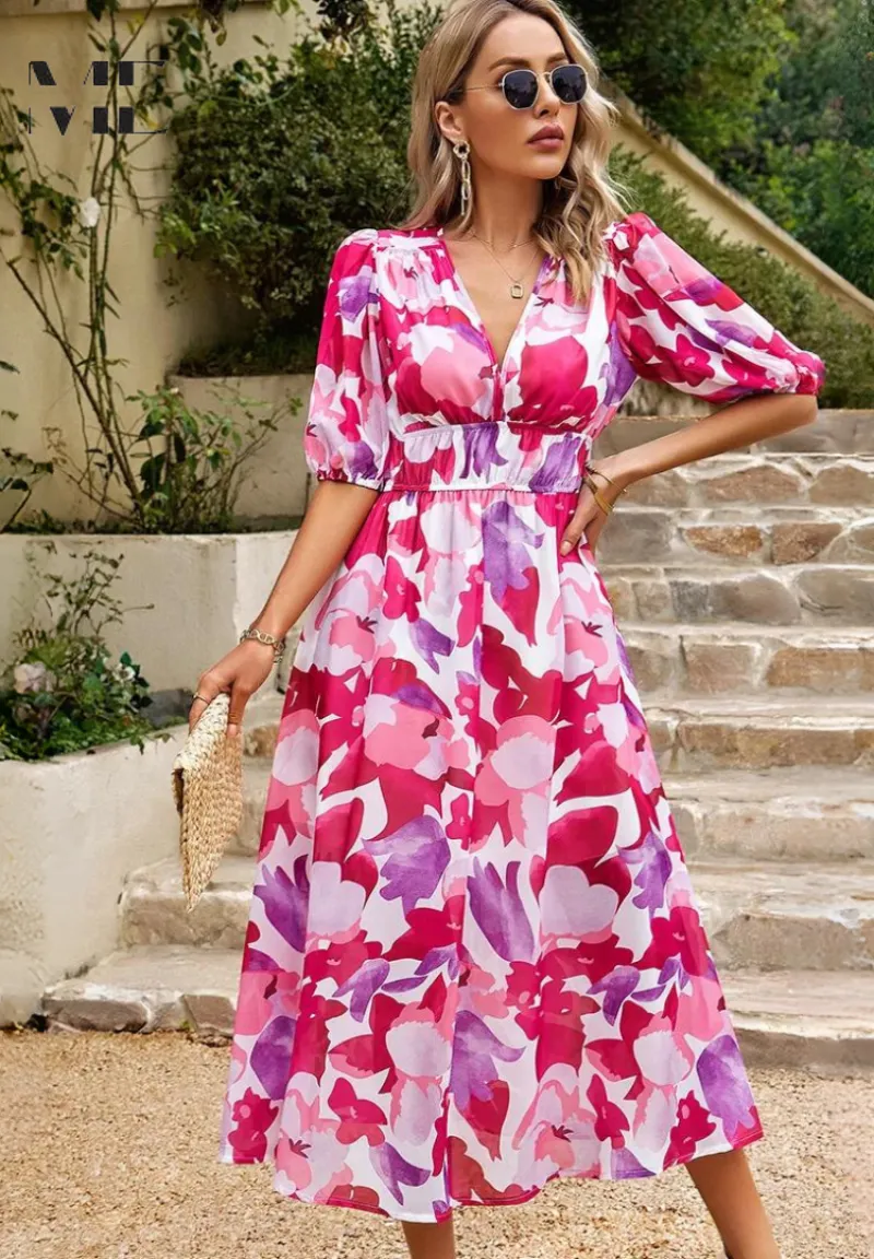 Monica  Elegant Floral Midi Dress