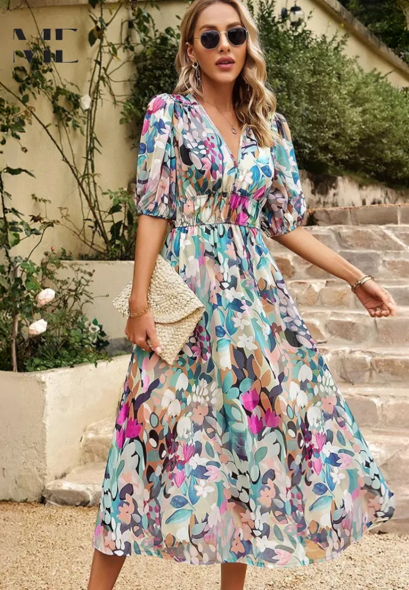 Monica  Elegant Floral Midi Dress