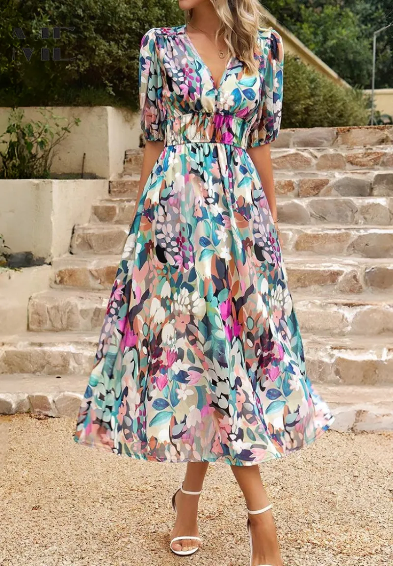 Monica  Elegant Floral Midi Dress
